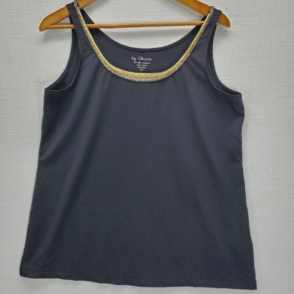 Chico's Tops - Chicos Black Nylon Bedazzled Neckline Tank Top, sz 2 (12/Medium) Sleeveless